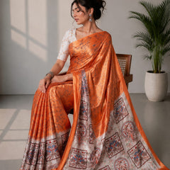 Rust Orange and Grey Paithani Print Satin Saree