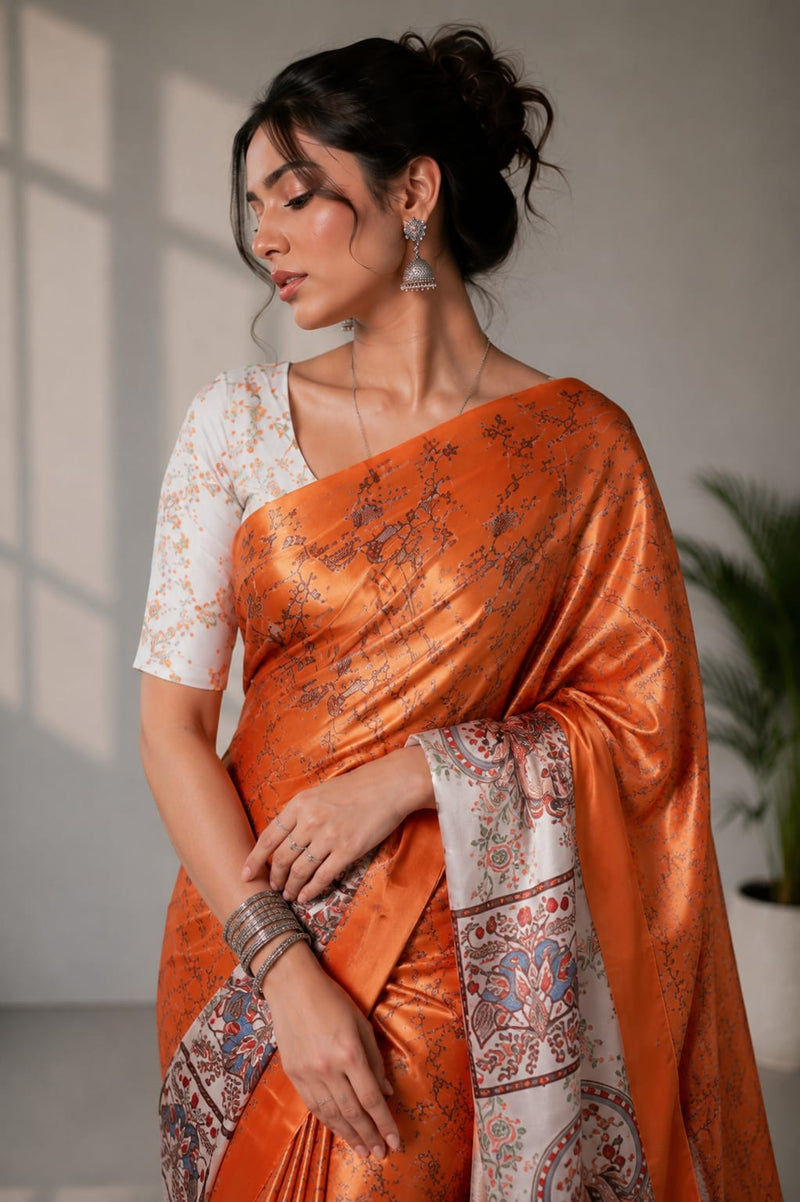 Rust Orange and Grey Paithani Print Satin Saree