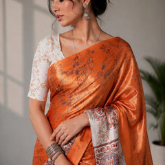 Rust Orange and Grey Paithani Print Satin Saree