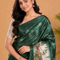 Olive Green and Cream Paithani Print Satin Saree