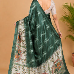 Olive Green and Cream Paithani Print Satin Saree