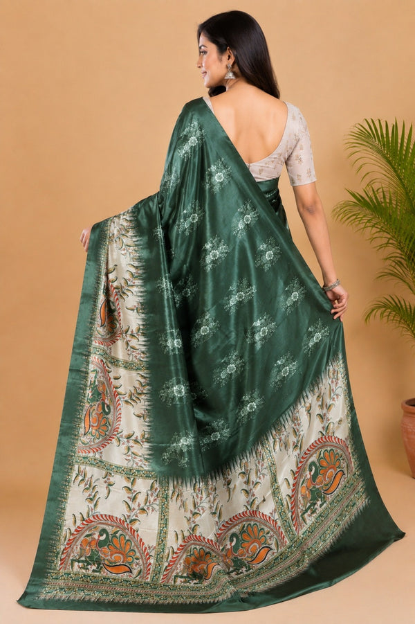 Olive Green and Cream Paithani Print Satin Saree