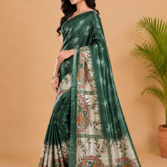 Olive Green and Cream Paithani Print Satin Saree
