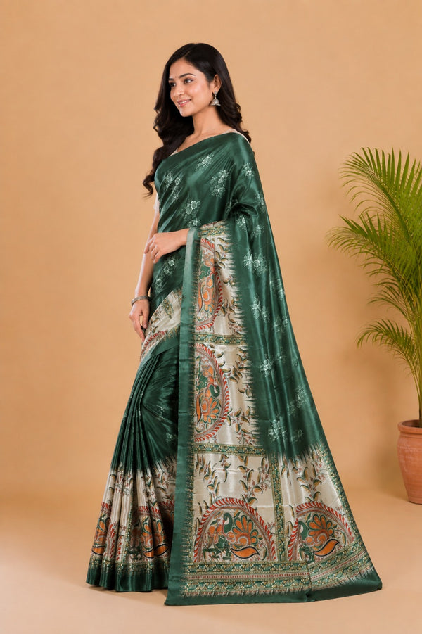 Olive Green and Cream Paithani Print Satin Saree