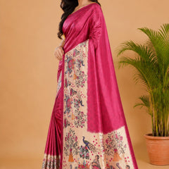 Magenta Pink and Cream Paithani Print Satin Saree