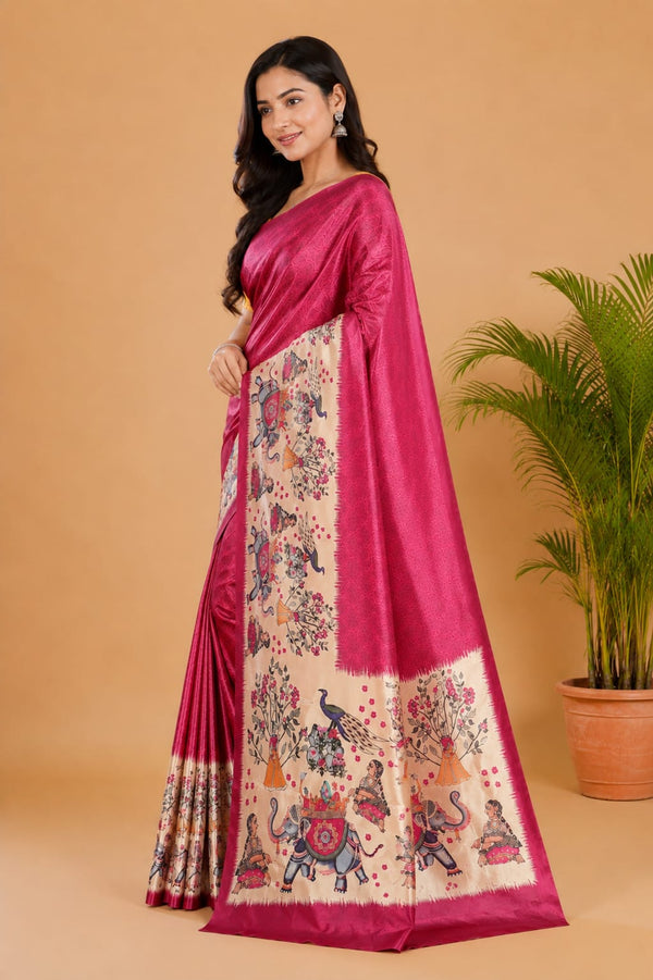Magenta Pink and Cream Paithani Print Satin Saree