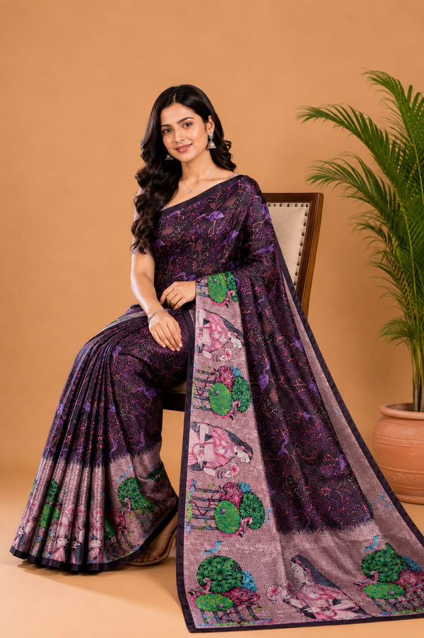 Deep Purple Paithani Print Satin Saree