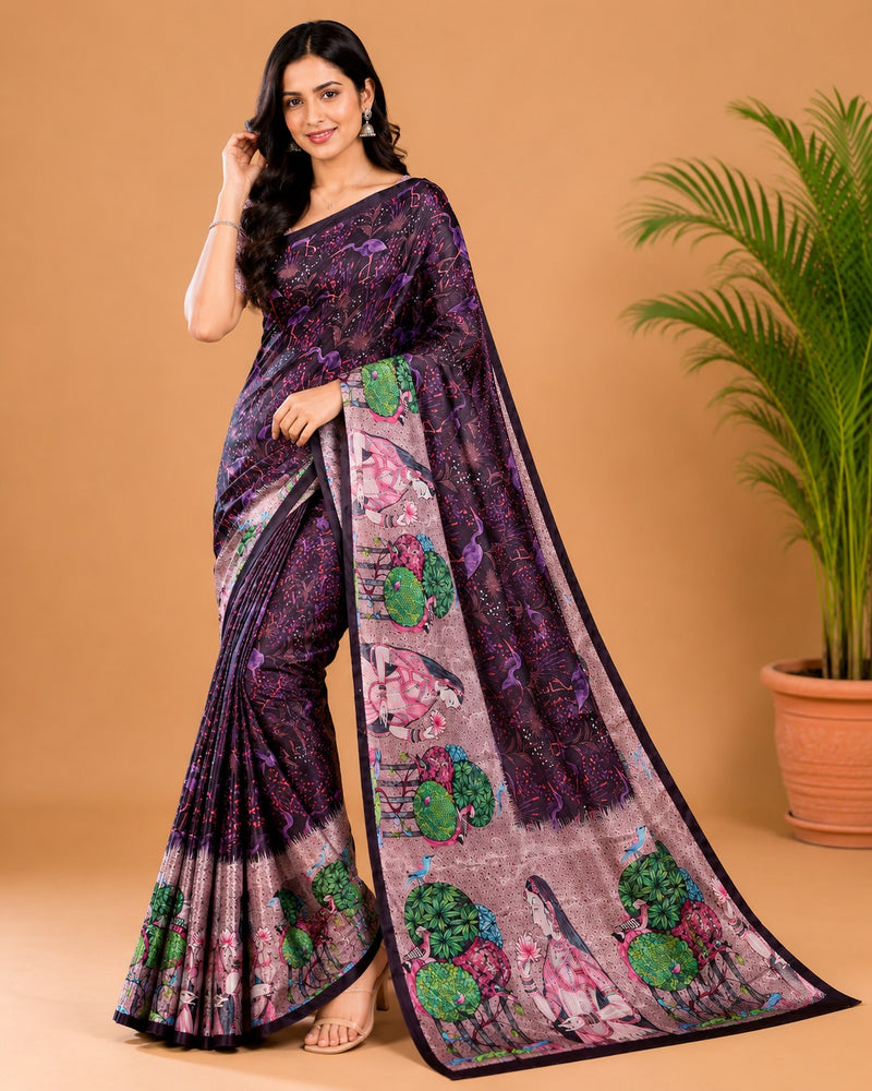 Deep Purple Paithani Print Satin Saree