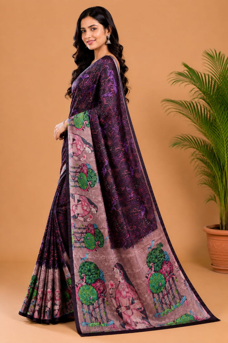 Deep Purple Paithani Print Satin Saree