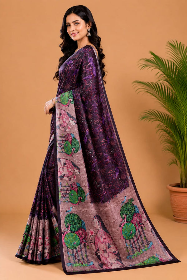 Deep Purple Paithani Print Satin Saree