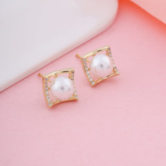 Pearl and Diamond Square Stud Earrings
