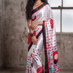 Off-White Satin Blend Saree with Multicolor Polka Dots & Red Accents