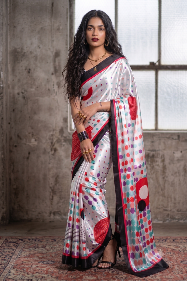 Off-White Satin Blend Saree with Multicolor Polka Dots & Red Accents