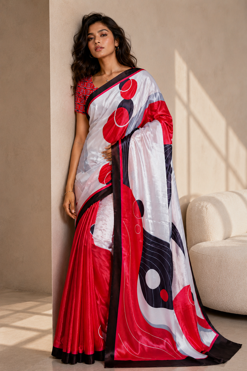 White, Red and Black Abstract Geometric Satin Saree