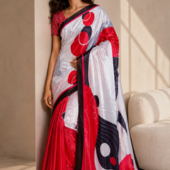White, Red and Black Abstract Geometric Satin Saree