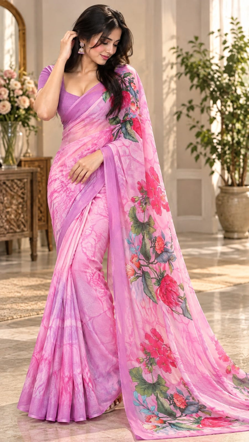 Light Pink and Lavender Tie-Dye Printed Saree