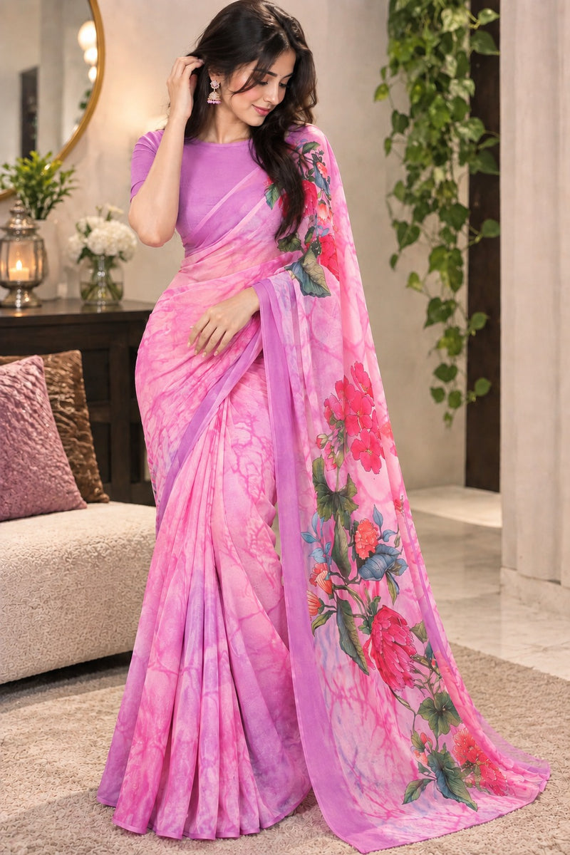 Light Pink and Lavender Tie-Dye Printed Saree