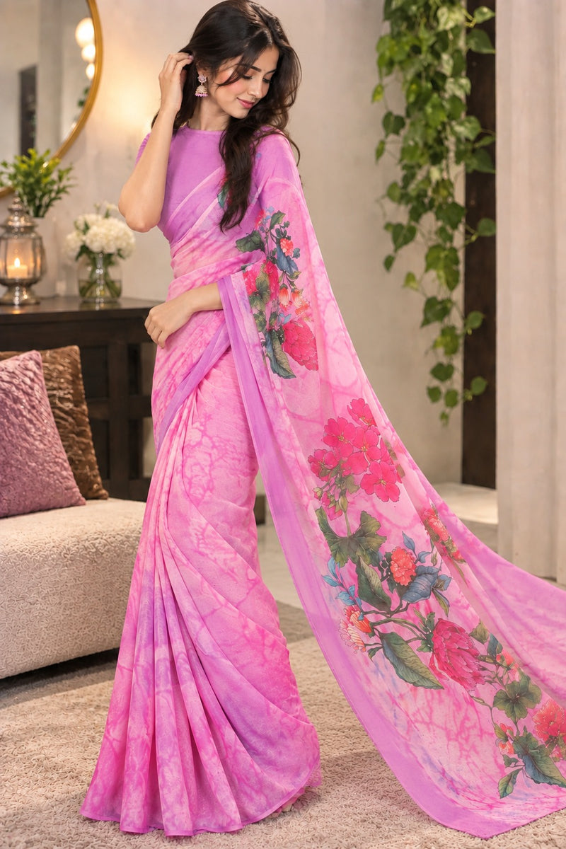 Light Pink and Lavender Tie-Dye Printed Saree