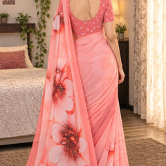 Peach Coral Floral Printed Soft Saree