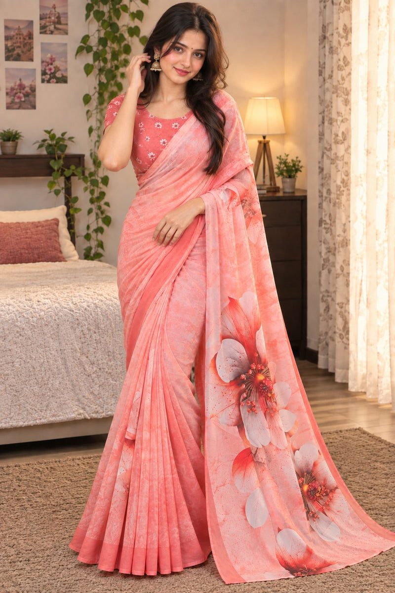 Peach Coral Floral Printed Soft Saree