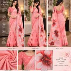 Peach Coral Floral Printed Soft Saree