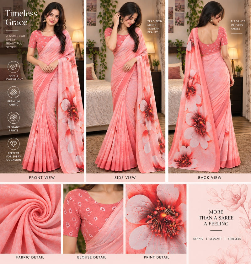 Peach Coral Floral Printed Soft Saree