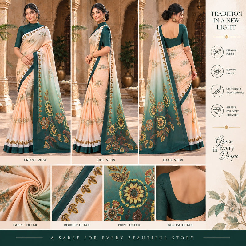 Peach and Teal Green Ombre Dual-Tone Printed Saree