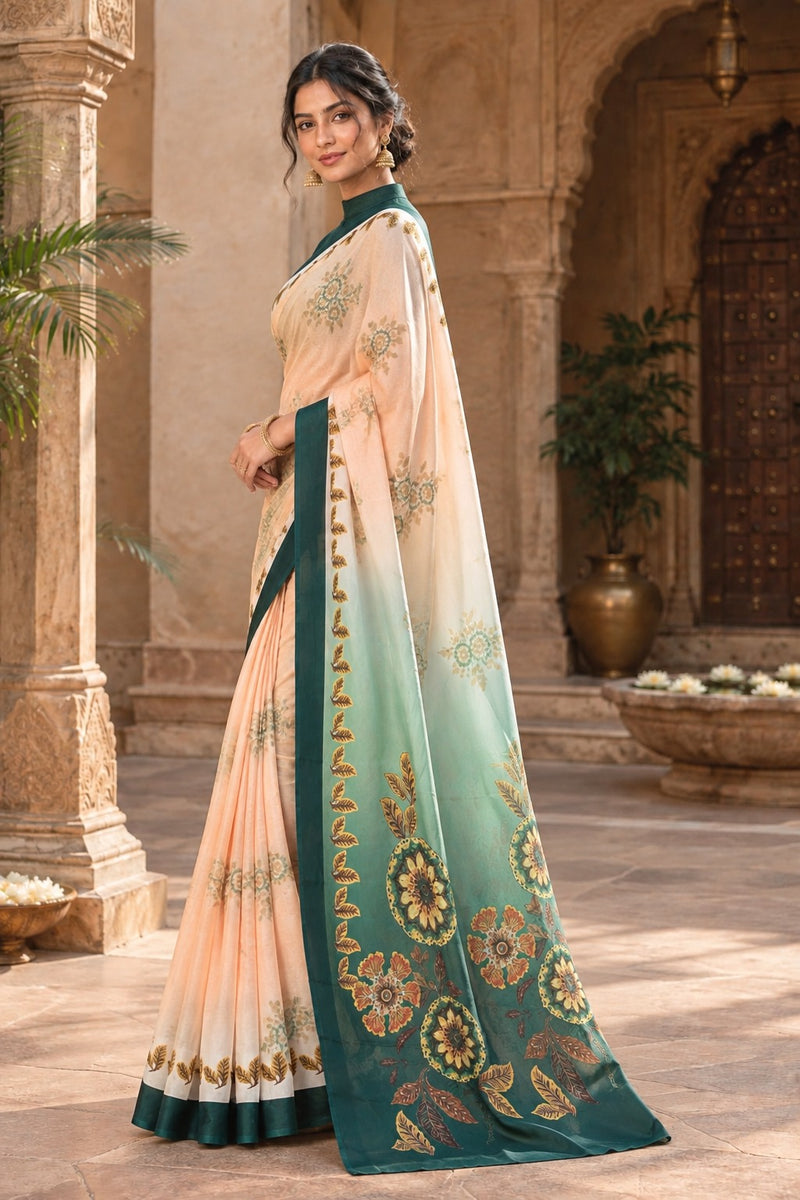 Peach and Teal Green Ombre Dual-Tone Printed Saree