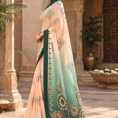 Peach and Teal Green Ombre Dual-Tone Printed Saree