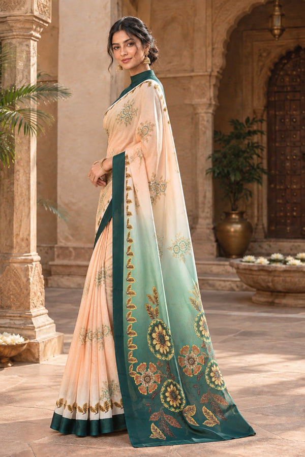 Peach and Teal Green Ombre Dual-Tone Printed Saree