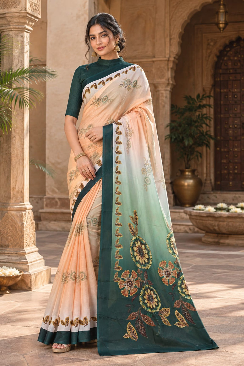 Peach and Teal Green Ombre Dual-Tone Printed Saree