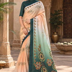 Peach and Teal Green Ombre Dual-Tone Printed Saree