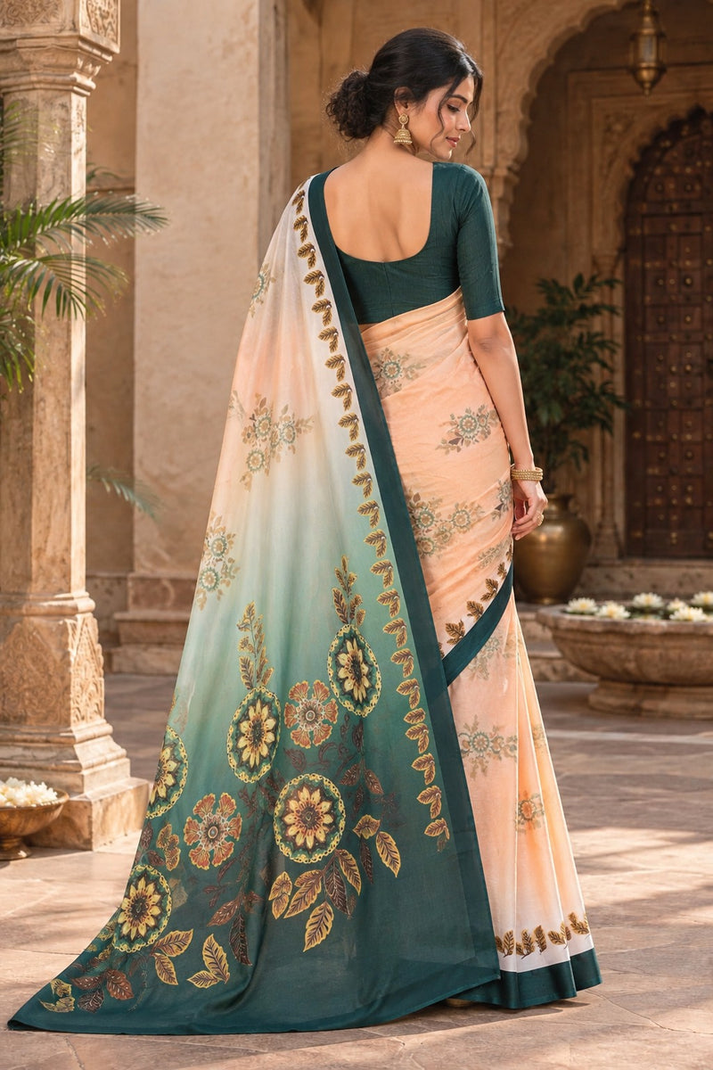 Peach and Teal Green Ombre Dual-Tone Printed Saree