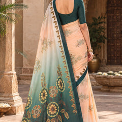 Peach and Teal Green Ombre Dual-Tone Printed Saree