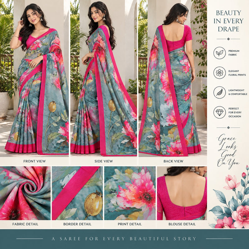 Greyish Blue Floral Printed Soft Saree