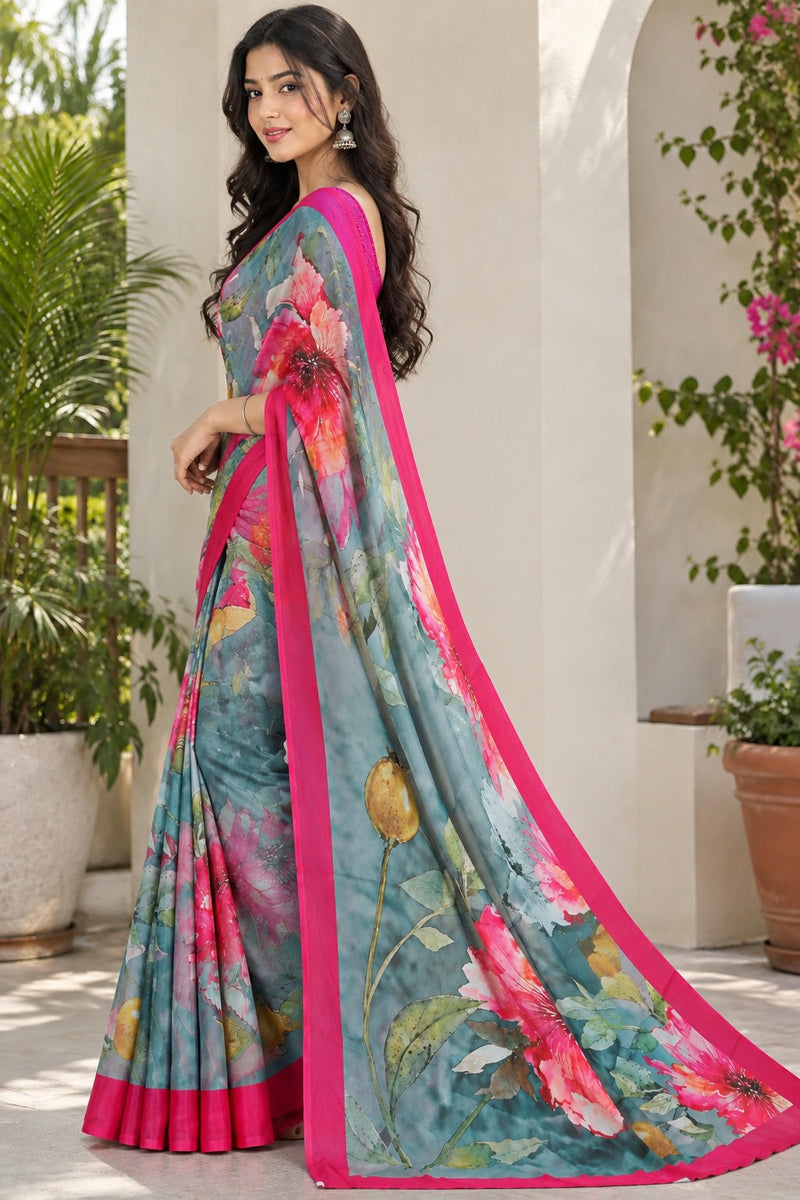 Greyish Blue Floral Printed Soft Saree