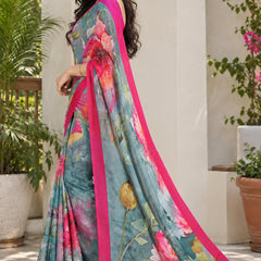 Greyish Blue Floral Printed Soft Saree