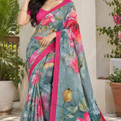 Greyish Blue Floral Printed Soft Saree