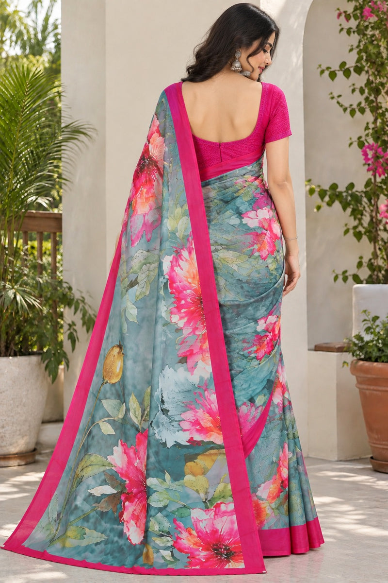 Greyish Blue Floral Printed Soft Saree