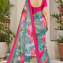 Greyish Blue Floral Printed Soft Saree