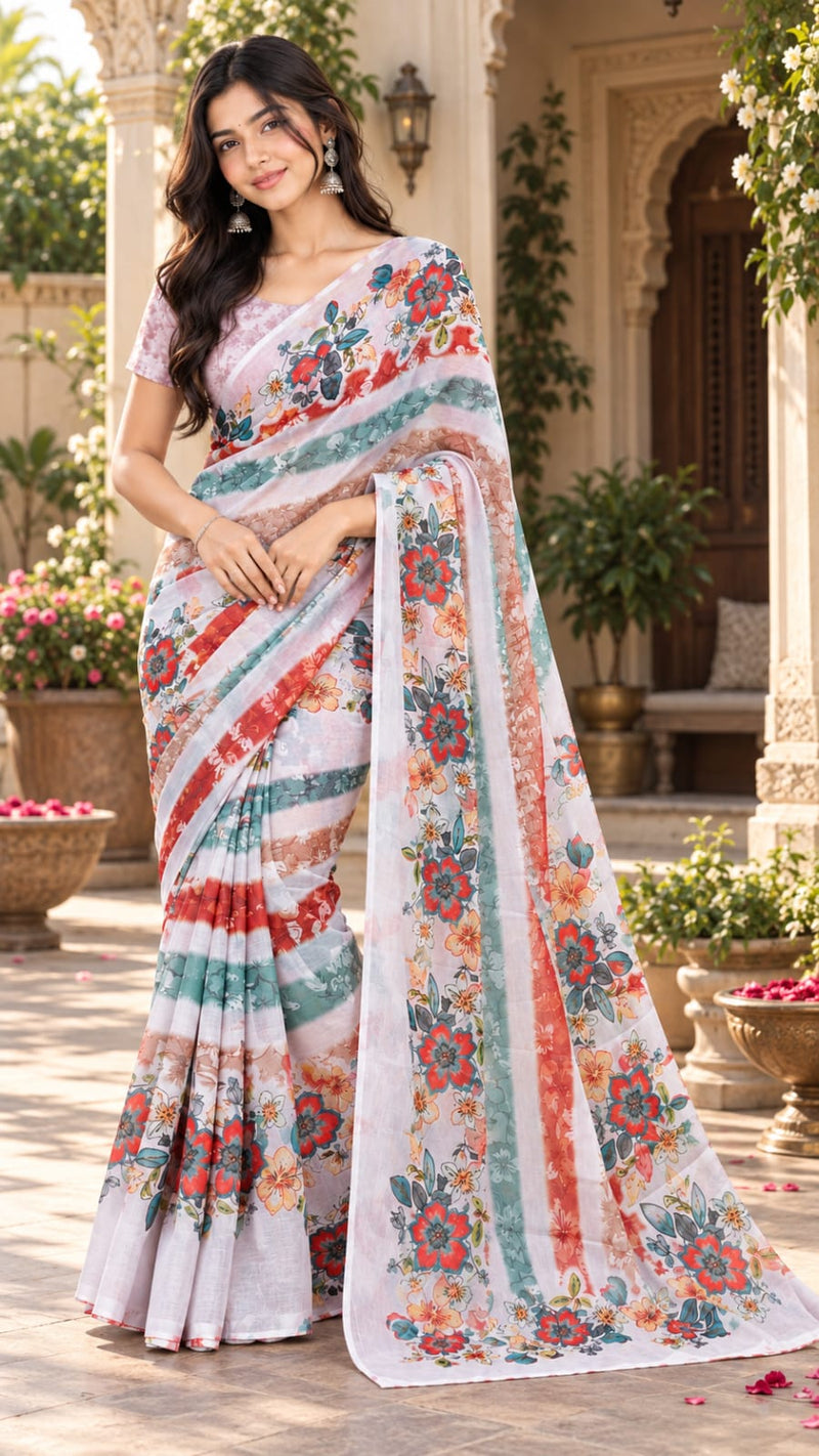 Off-White Floral Printed Soft Saree