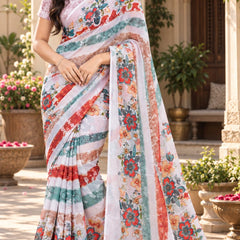 Off-White Floral Printed Soft Saree