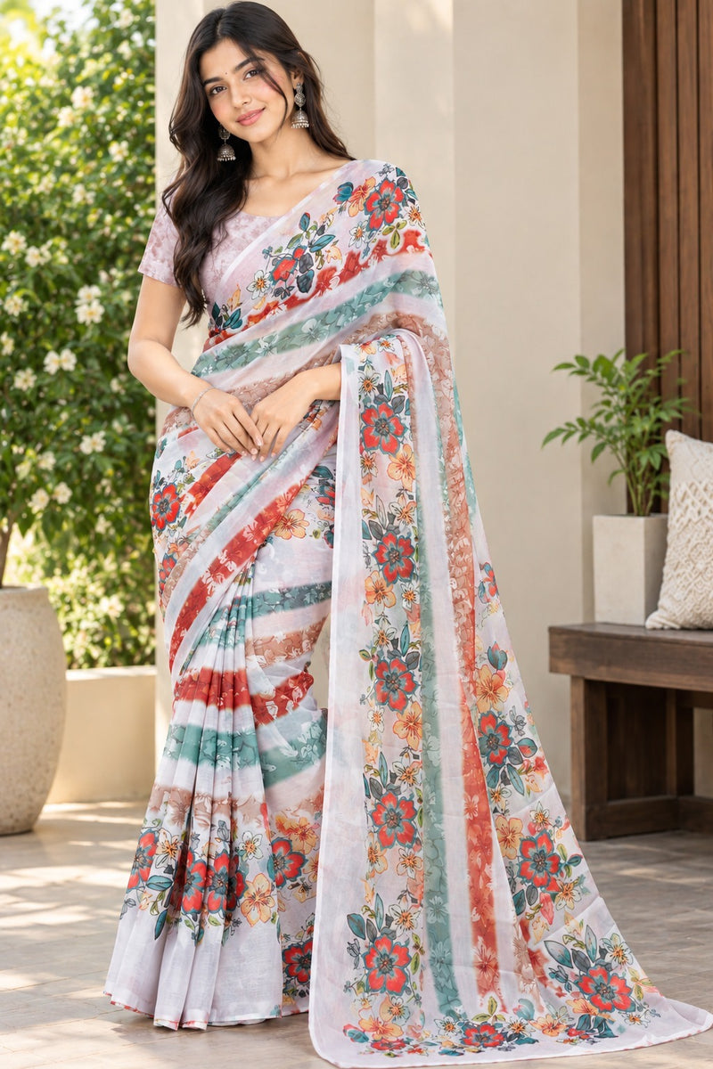 Off-White Floral Printed Soft Saree