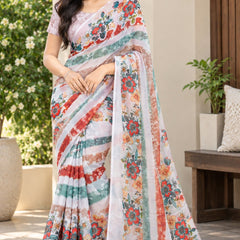Off-White Floral Printed Soft Saree