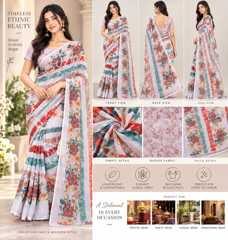 Off-White Floral Printed Soft Saree