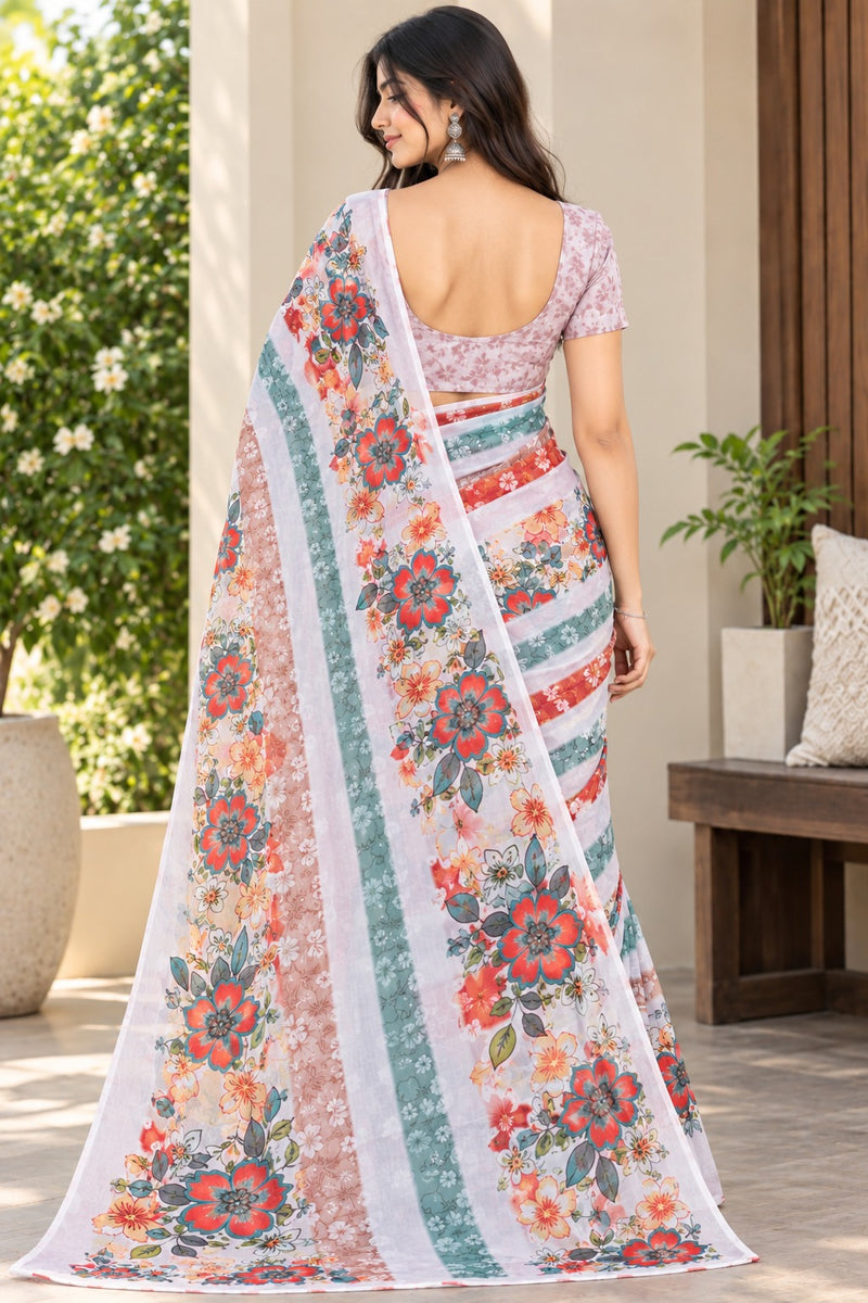 Off-White Floral Printed Soft Saree