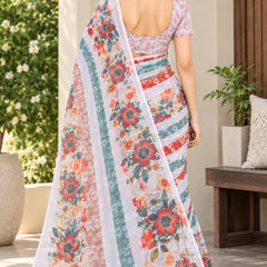Off-White Floral Printed Soft Saree