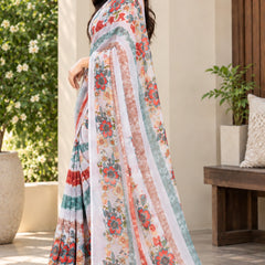 Off-White Floral Printed Soft Saree