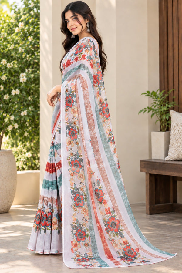 Off-White Floral Printed Soft Saree