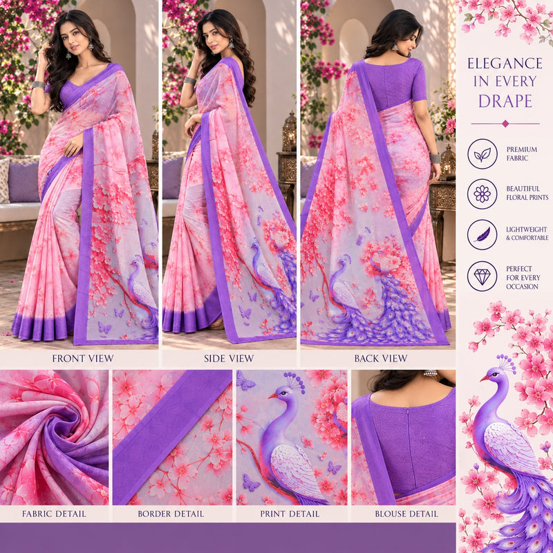 Light Pink and Lavender Floral Printed Saree